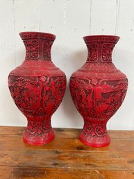 182 Pair Of Antique Large Chinese  Cinnabar Red Lacquer Floor Vases