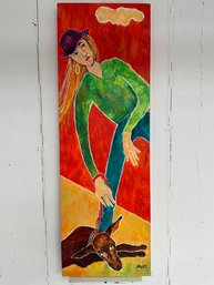 195 Canvas Painting Of Women And Pet Signed 'AVR'