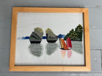 197 Vintage Hand Embroidered Fishing Boat Bamboo Framed Textile Art