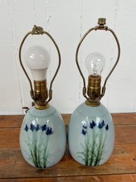 262 Pair Of Vintage Hand Painted Craze Pottery Table Lamp Stands