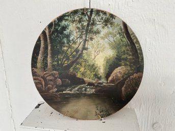263 Vintage Hand Painted Forest Creek Scene On Wood Plate