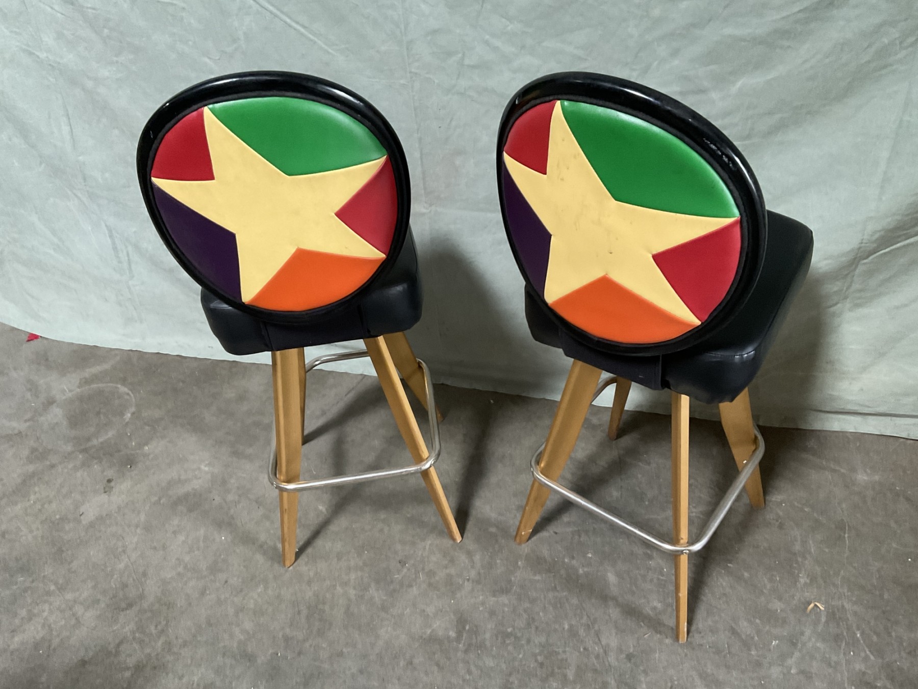 Pair Of (2) Vintage 1960s 70s Rainbow Vinyl Star Backed Bar Stool