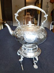 Antique Martin, Hall & Co. Sheffield, England Silver Plate Tea Kettle W/ Stand