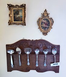 Wall Decor Lot:  Wood Spoon Rack With Spoons & Two Miniature Oil Paintings