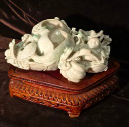 Chinese Jade Sculpture - Fortune Buddha, Children & Fish Lotus