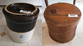 Antique Stoneware Crock & Wood Cheese Box
