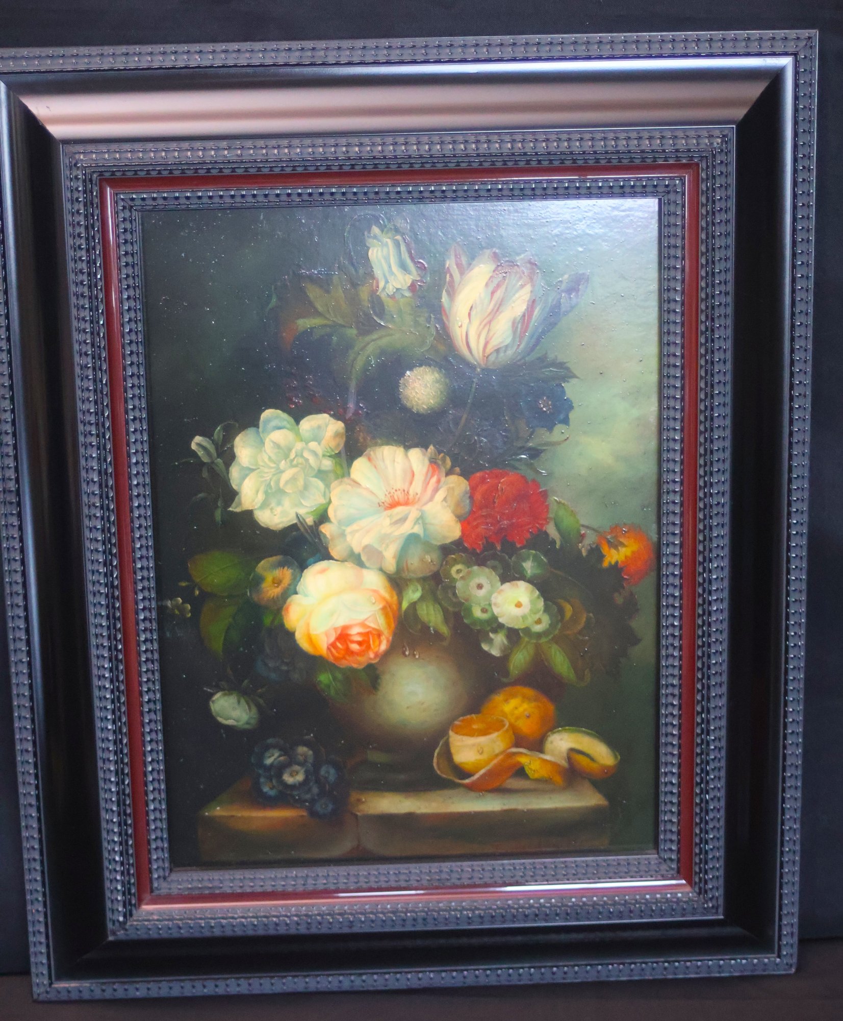 Signed Framed Still Life Painting Of Flowers In Vase With Fruit On ...