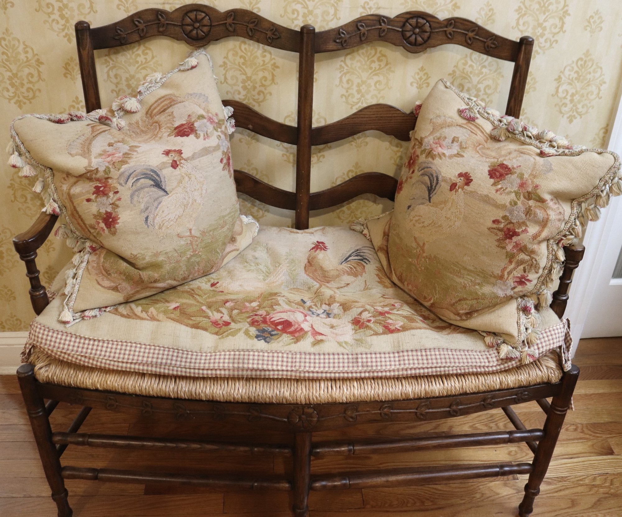 Country French Carved Oak Settee With Rush Seats, And Aubusson Seat