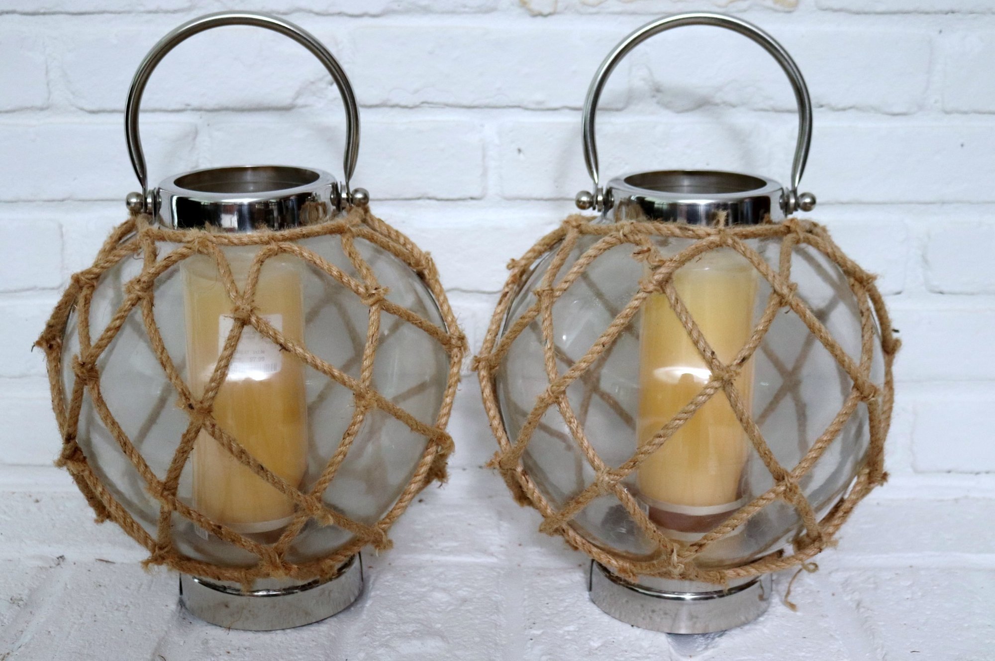 Pair Of Nautical Glass And Rope Candle Holders/Coastal Lanterns #64799 ...