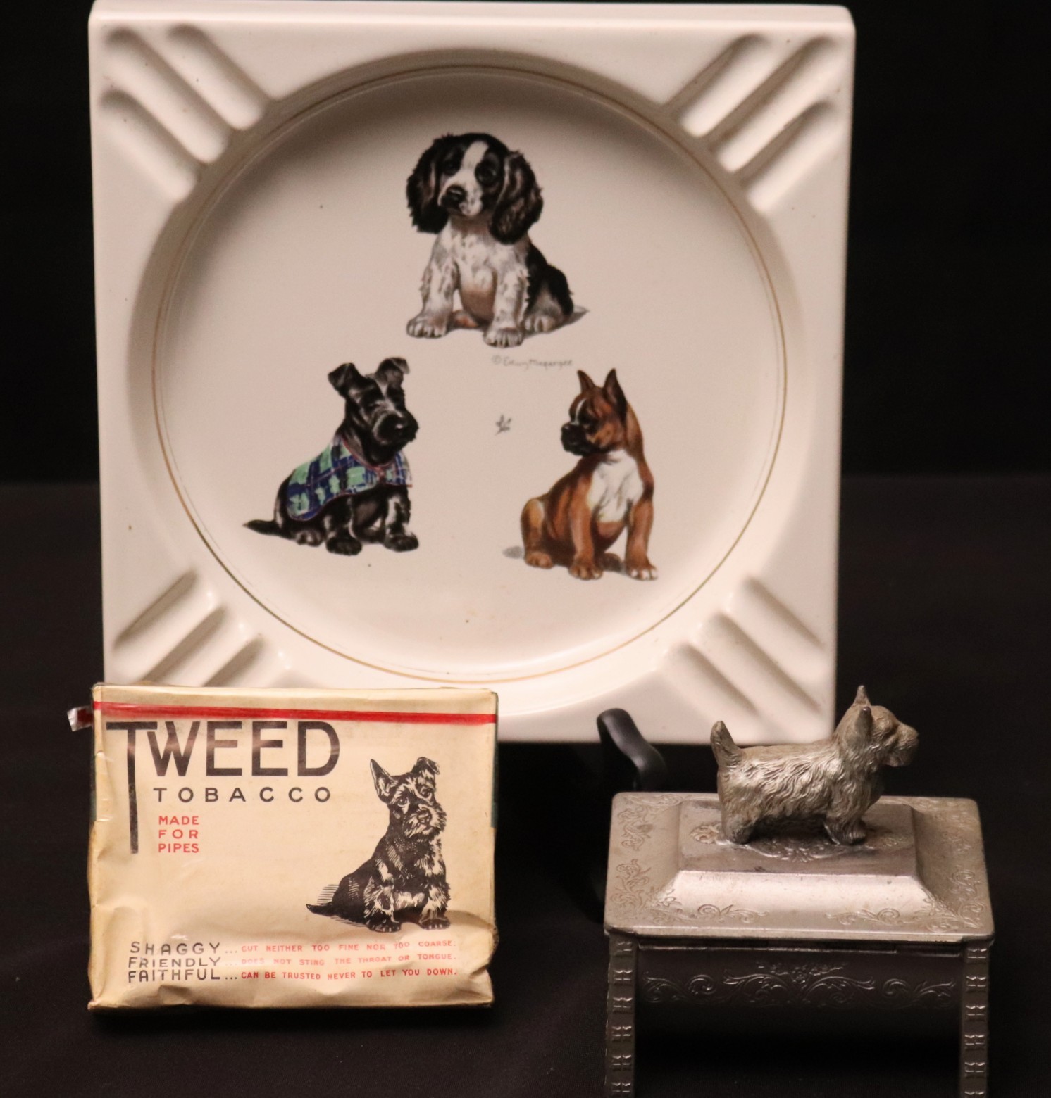 Vintage Square Ceramic Ashtray, Scottie Terrier Dog Cigarette Box And Tweed Pipe Tobacco Pack #73628