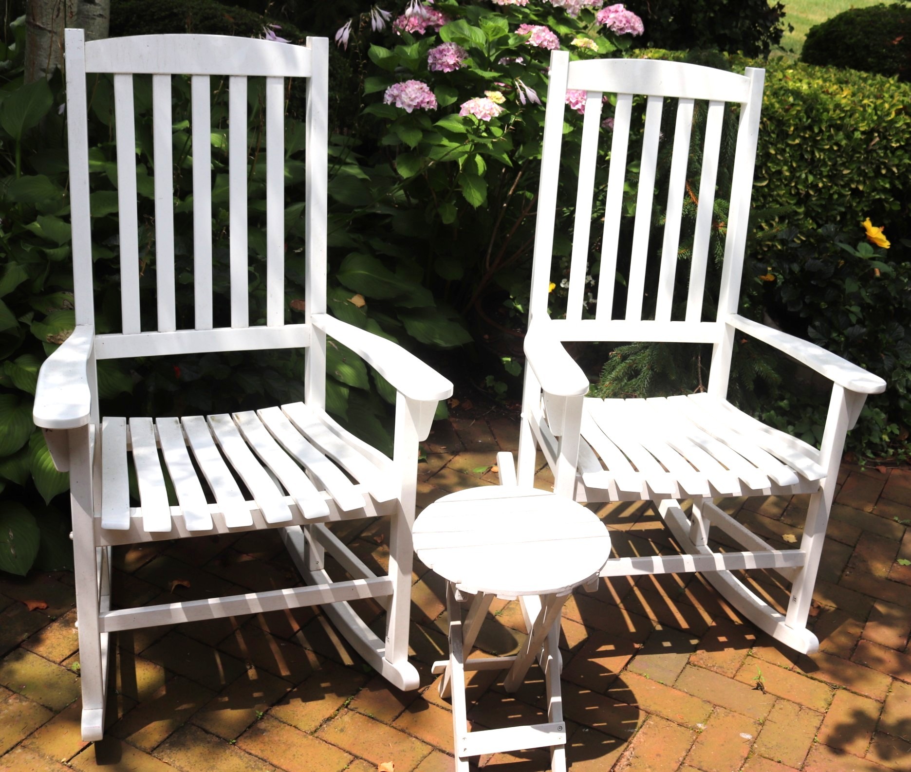 Pair Of White Wood Frame Rocking Chairs And Round Folding Side Table ...