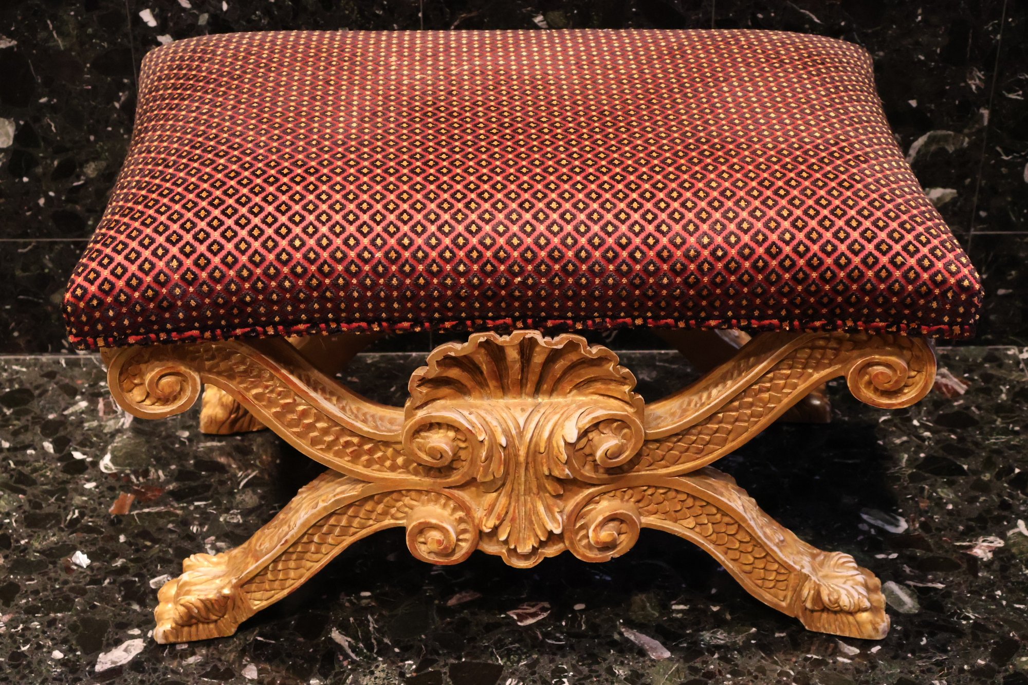George II Style Custom Upholstery X-Frame Intricately Carved Scales And ...
