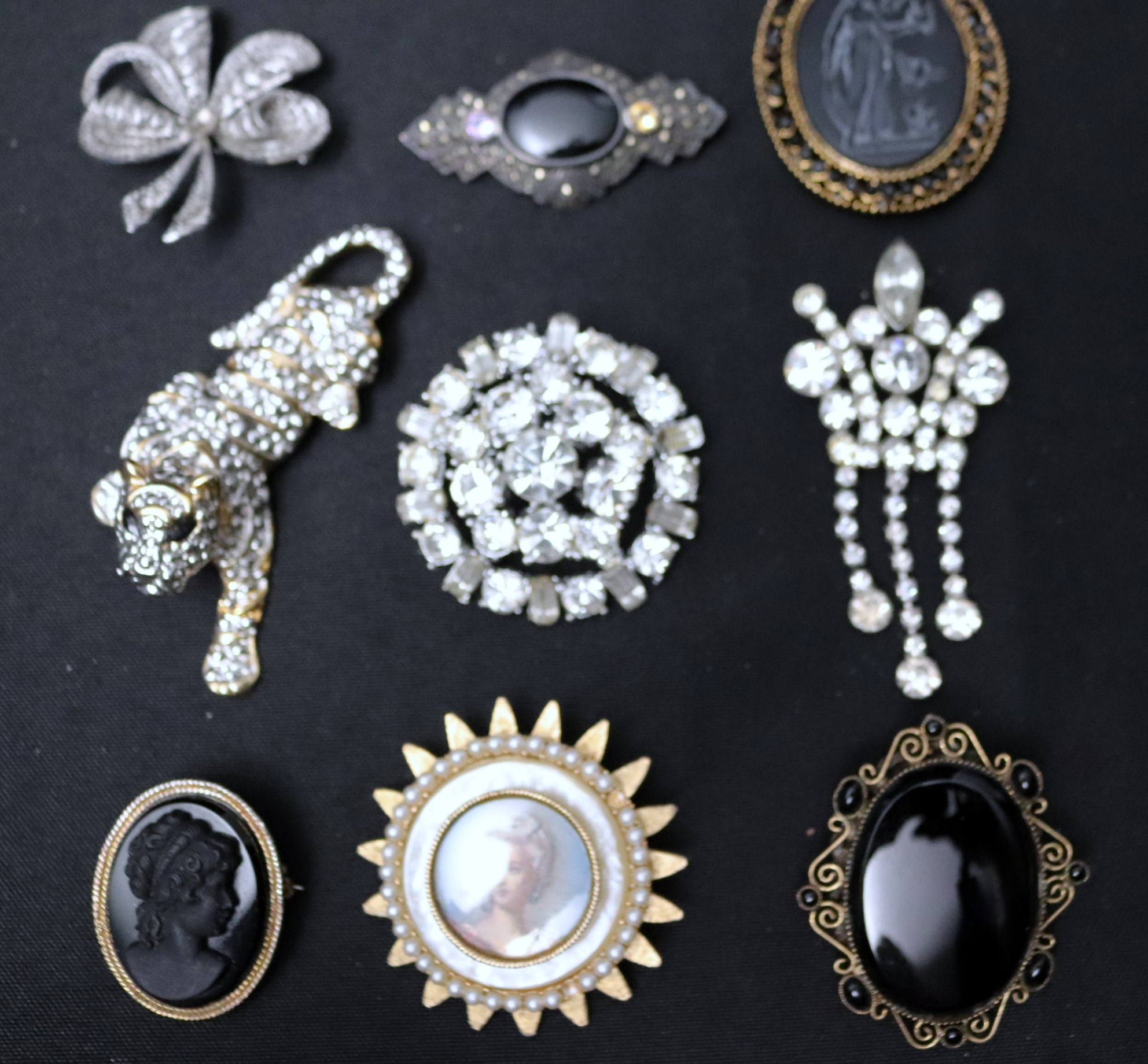 Assorted Vintage Pins With Rhinestones And Black Cameos, Karu Pin And ...