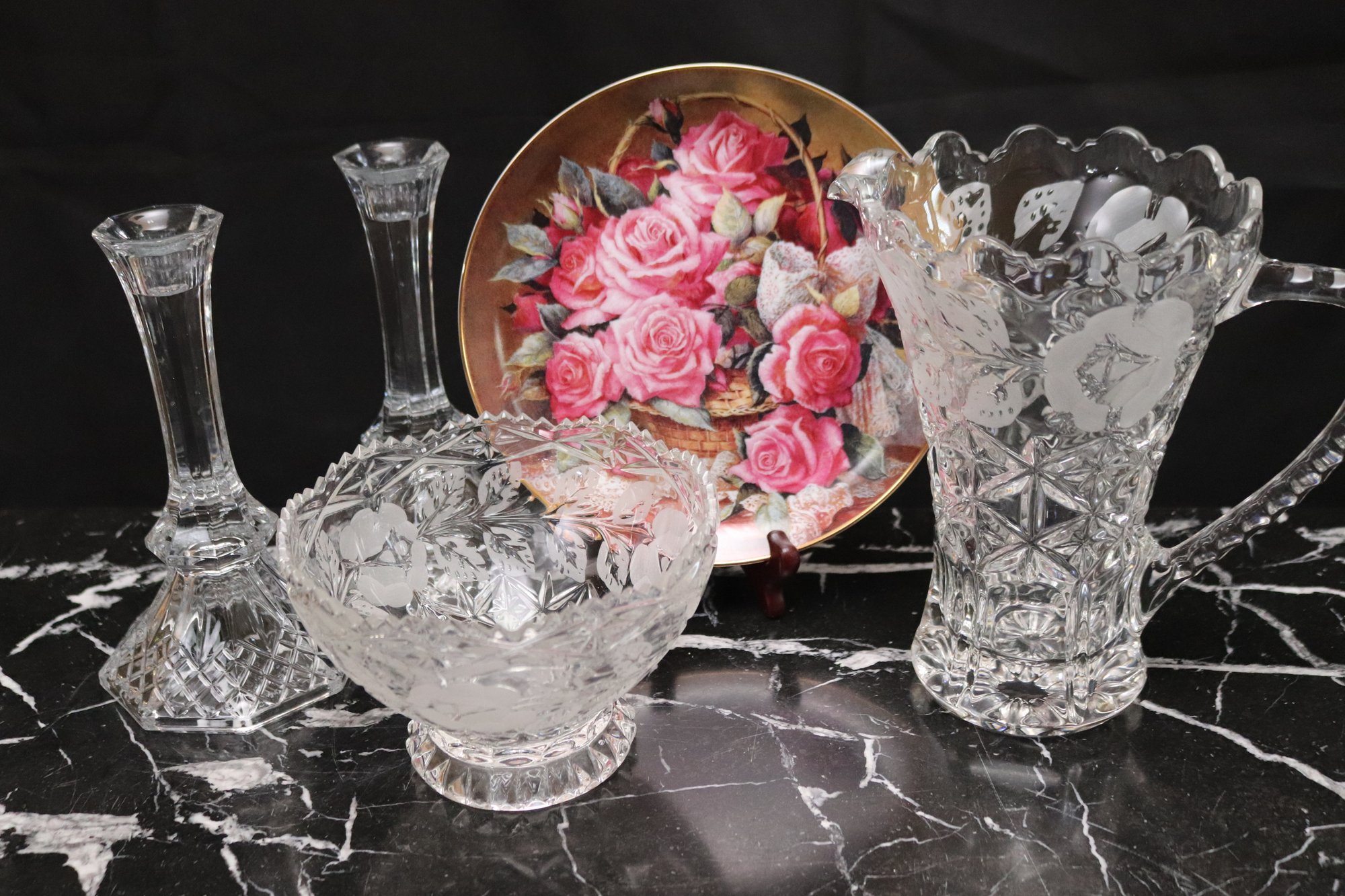 Floral Etched Cut Crystal Pitcher, Bowl, Glass Candlesticks