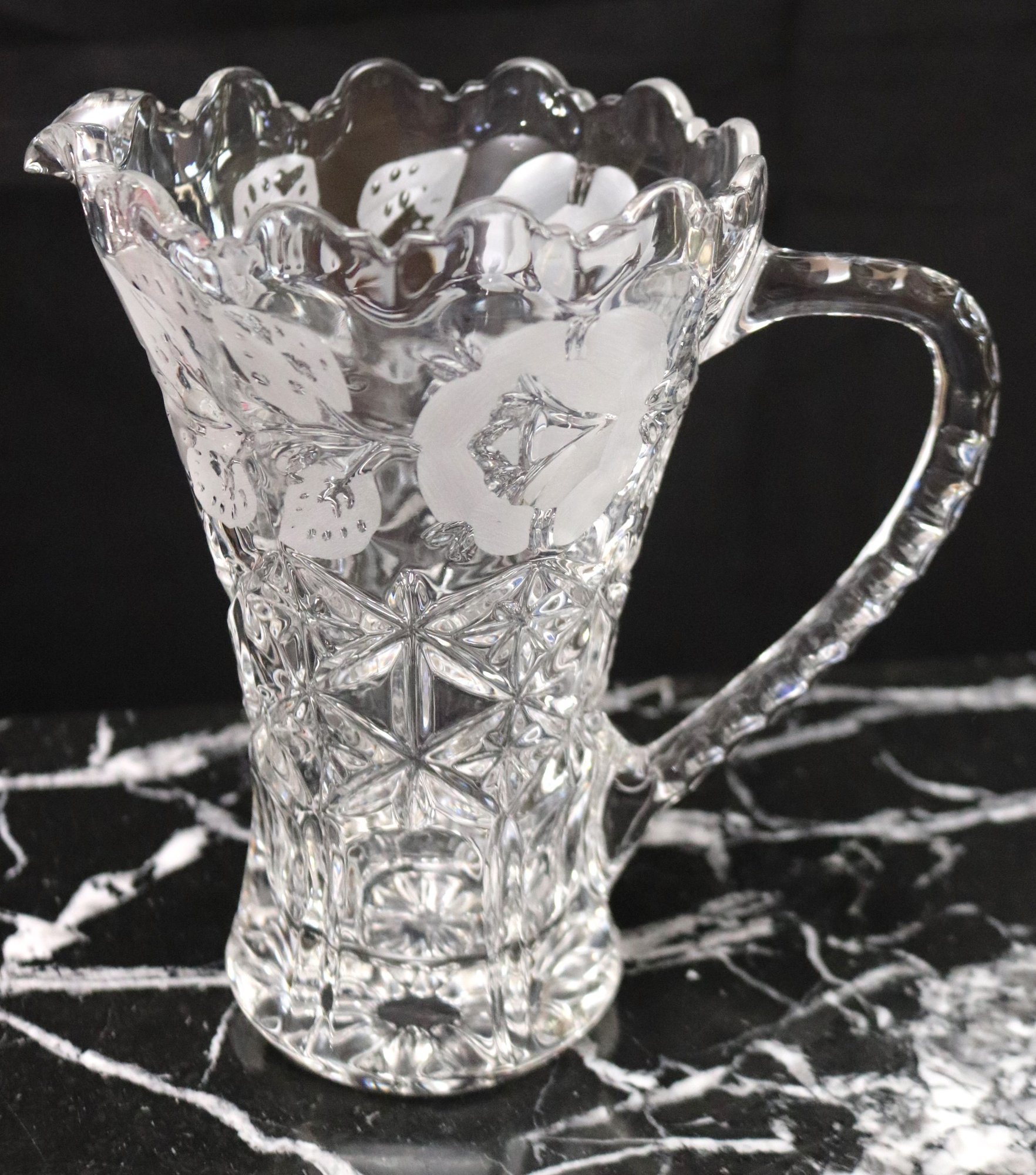 Floral Etched Cut Crystal Pitcher, Bowl, Glass Candlesticks
