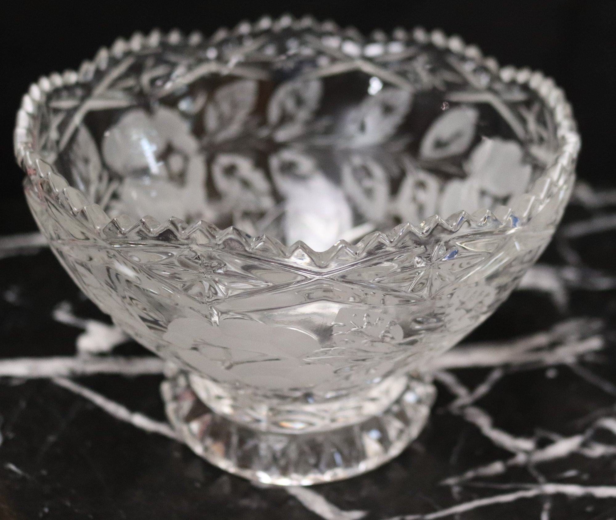 Floral Etched Cut Crystal Pitcher, Bowl, Glass Candlesticks