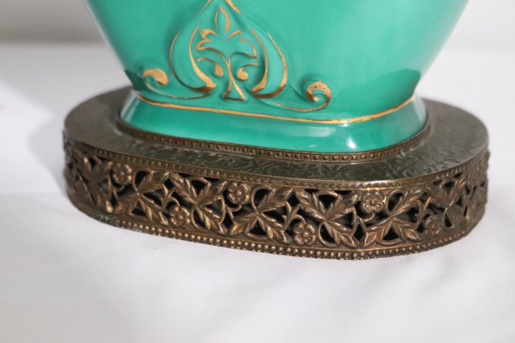 Pair Of Antique Green Porcelain Urns With Signed Hand Painted Panels Of