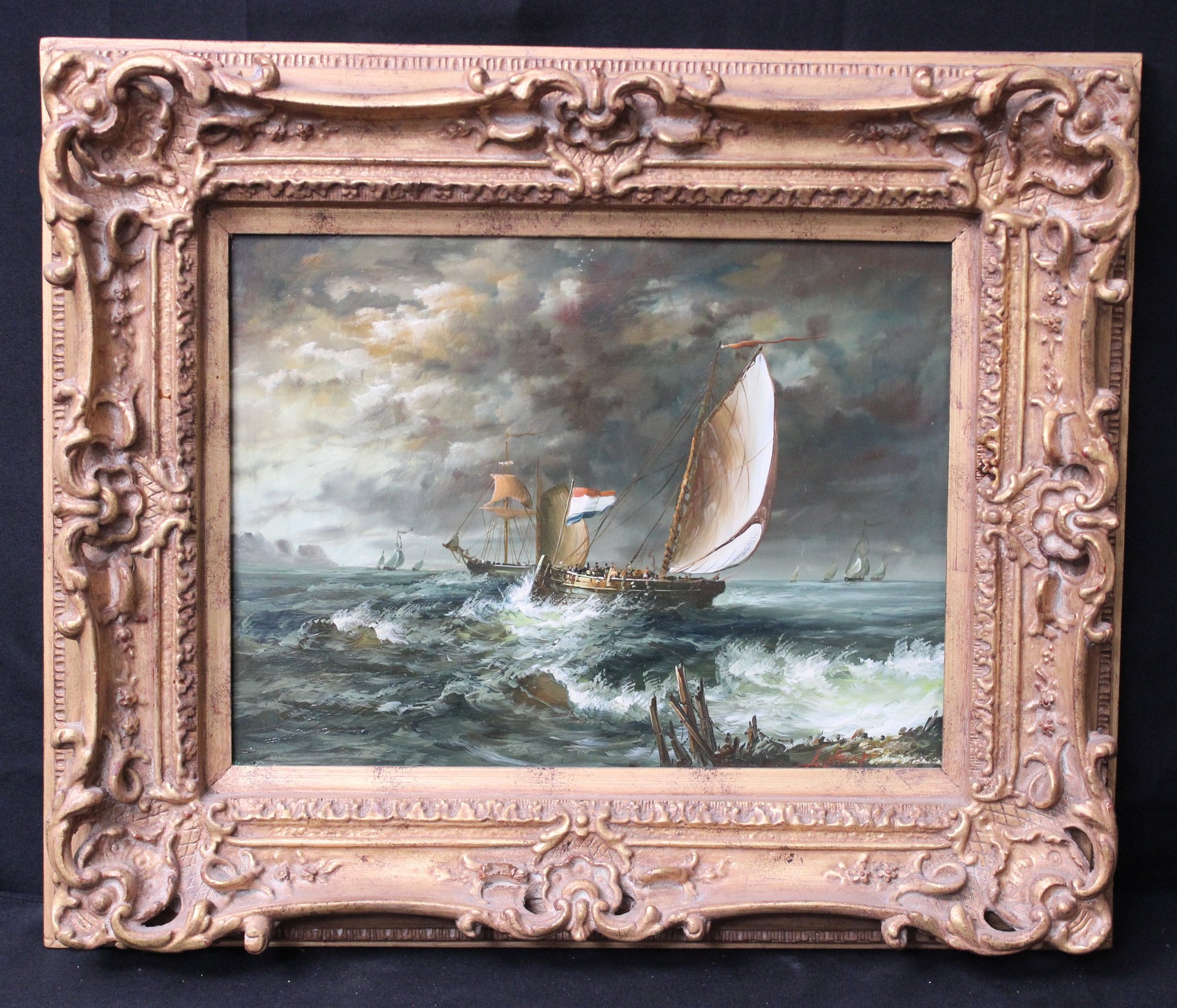 Painting On Panel Depicting A Dramatic Maritime Scene Featuring Dutch ...