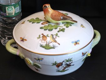 Herend Porcelain Rothschild Birds Covered Serving Bowl With Handles And Lid.
