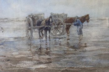 . Signed And Framed, Watercolor Painting By Tamine Tadama Groeneveld, Of A Costal Scene With Fishermen Horses