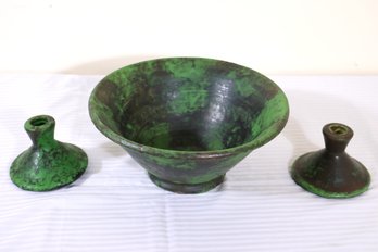 Rare Weller Coppertone Handmade Pottery Bowl And Candlesticks