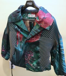 Chic Issey Miyake Vintage Pleated / Stretch Sleeve Jacket With Green Floral Print & Oversize Collar.