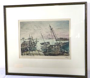Framed Engraving Of Provincetown Harbor Pencil Signed By A. Edel.