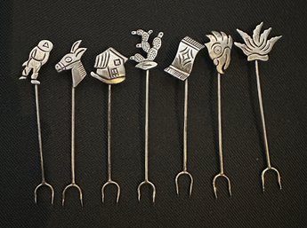 Sterling Silver Set Of 7 Whimsical Hors Doeuvre Forks - Signed Maricela