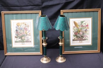Floral Prints From Robert Furber Twelve Months Of Flowers  Includes A Pair Of Brass Toleware Candlesticks