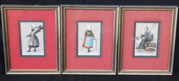 Three Vintage Framed Hand-Colored Engravings Featuring Women In Traditional Regional Costumes
