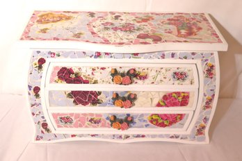 Shabby Chic Jewel Box Embellished With Mosaic Roses And 3 Drawers.