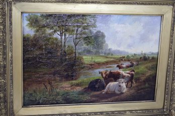 Antique 19th Century Oil On Canvas Of Pastoral Countryside With Cows And Stream, Signed R. Watson 1881.