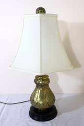 Pair Of Pierced Brass Table Lamps With Arabesque Motifs And Brass Finials On Wooden Bases.