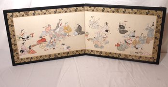 Tabletop Two Panel Folding Japanese Screen With Figures Of Musicians.