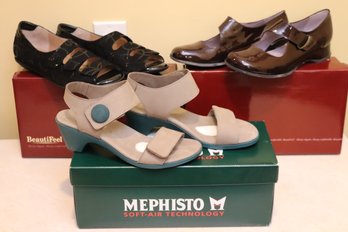 Three Pairs Of Ladies Designer Shoes With Patent Leather Mary Janes, & 2 Sandals From Mephisto & Beautifeel