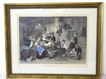 Vintage Hand Colored Framed German Engraving Of Interior Scene With Card Players.