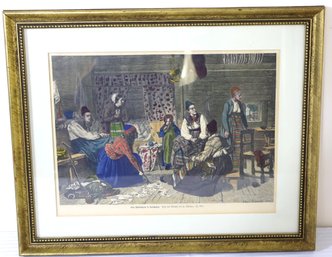 Vintage Hand Colored Framed German Engraving Of Interior Scene With Ladies In Colorful Attire.