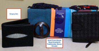 Two New Wallets In Stingray & Leather & Hand Knotted Scarf From Kenya