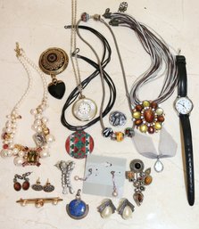 Lot Of Vintage Costume Jewelry With 5 Necklaces, 5 Earrings & Pins