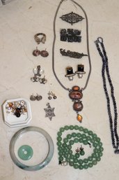 Lot Of Vintage Signed Sterling Silver Jewelry & Jade Bangle Bracelet, Necklace & Earrings