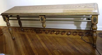 Oak Sofa Table With Brass Covered Rods And Brass Crests, Measuring 6 Feet Long.