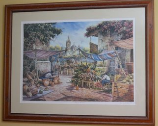 Signed & Numbered Color Lithograph Of A Mexican Market Scene In Wooden Frame Dated 1993.