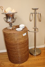 Nice, Lined Wicker Hamper, Standing Towel/ Soap Holder & Silver-plated Ice Bucket With Accessories