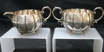 Sterling Silver Footed Creamer & Sugar Bowls With Classical Fluted Lines.
