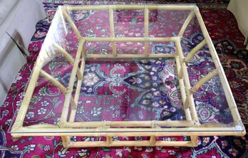 Mid-century Style Rattan Coffee Table With Glass Top .