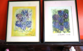 Pair Of Framed Watercolor Still Life Abstract Flower Artworks By Sandra Chandler