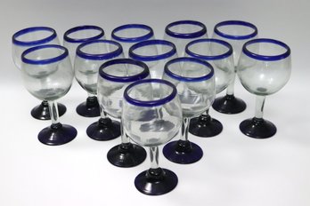 Large Lot Of 17 Hand BLown Mexican Red Wine Glasses With BLue Rim