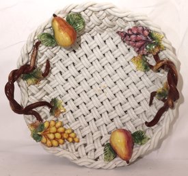 Large Interwoven White Ceramic Bowl With Applied Pears, Grapes,