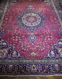 Hand Woven Tabriz Design Oriental Rug Made In Iran With Center Medallion On Red Background And Blue Floral Bor
