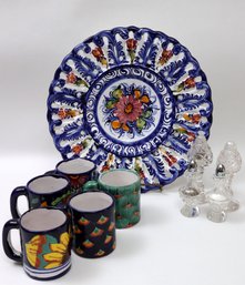 Hand Painted Portugal Platter, 5 Hand Painted Coffee Mugs & 2 Sets Crystal S&P